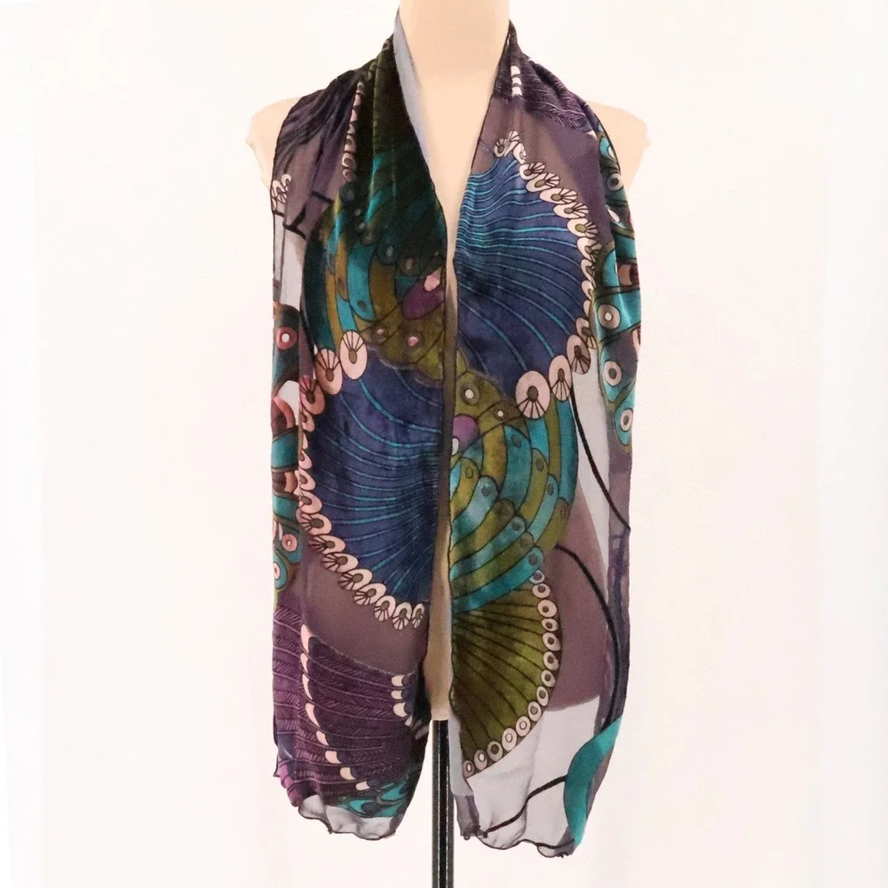 Peacock Velvet Burnoout Scarf Wrap Womens Art Nouveau Artsy Boho Jewel Tone